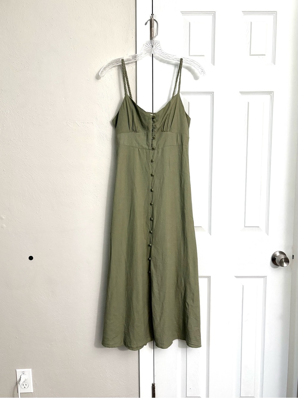 Monteau Olive Green Linen Blend Dress with Braided Spaghetti Straps